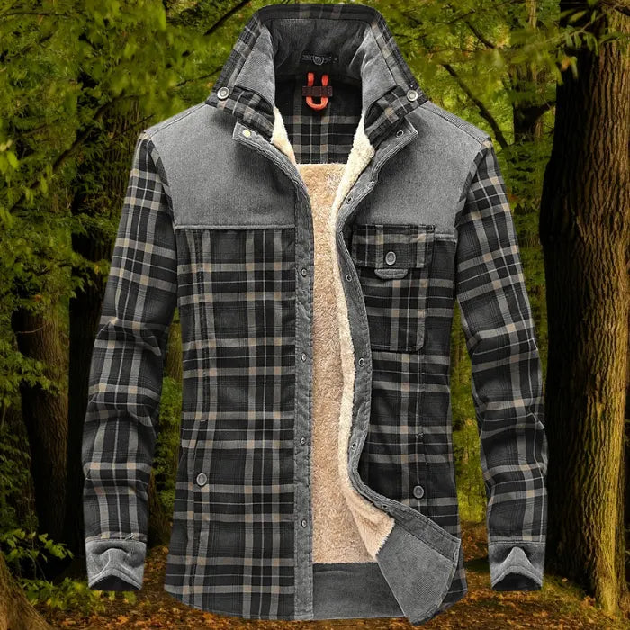 shirt jacket in grey plaid with warm beige fleece lining and grey corduroy trim