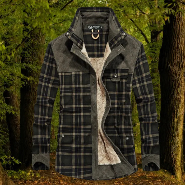 shirt jacket in olive plaid featuring beige fleece lining and corduroy accents