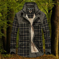 shirt jacket in olive plaid featuring beige fleece lining and corduroy accents
