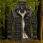 shirt jacket in olive plaid featuring beige fleece lining and corduroy accents