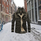 shirt jacket in olive plaid with fleece interior displayed on a snowy city street