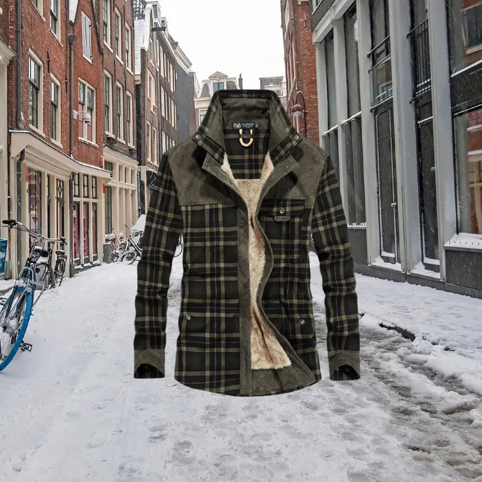 shirt jacket in olive plaid with fleece interior displayed on a snowy city street