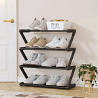 Shoe rack with black zigzag frame and tiered shelves for storing multiple pairs of shoes neatly.