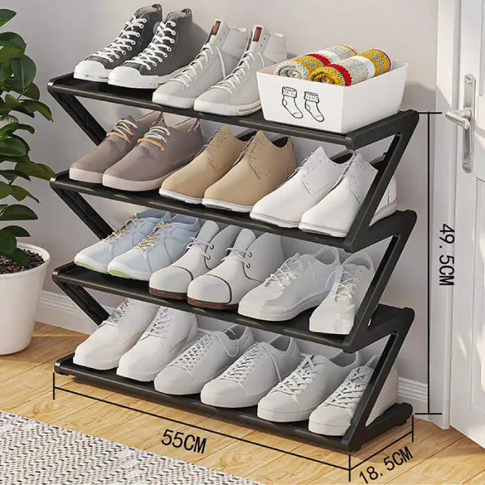 Black wide shoe rack measuring 55cm, offering spacious multi-tier storage for footwear organization.