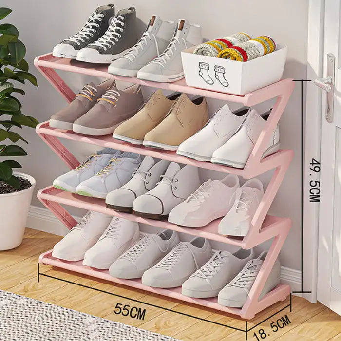 Large pink shoe rack with wider 55cm frame and 4 tiers for enhanced shoe storage capacity.