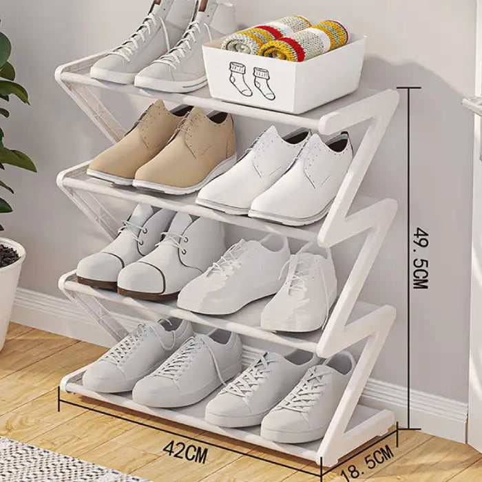 White compact shoe rack with sleek Z-frame and 42cm width, ideal for small modern interiors.