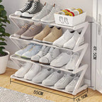 Shoe rack in white with wide 55cm frame and four tiers for storing multiple shoes in entryway or closet.