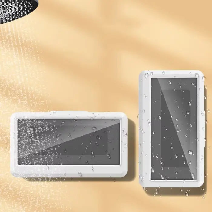 Water-resistant multimedia display devices in shower area, showcasing durability and functionality in wet environments