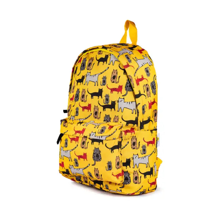 Side view of a yellow cat-printed backpack showing its spacious front pocket and vibrant design.