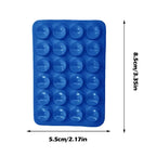 Blue silicone phone holder with suction cups shown with size dimensions, designed for secure attachment and reliable phone support