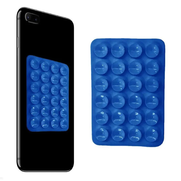 Blue silicone phone holder suction pad attached to a smartphone, offering secure grip and convenient hands-free device positioning
