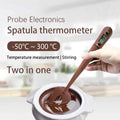 Silicone thermometer spatula being used for chocolate making with digital display showing precise temperature measurement range