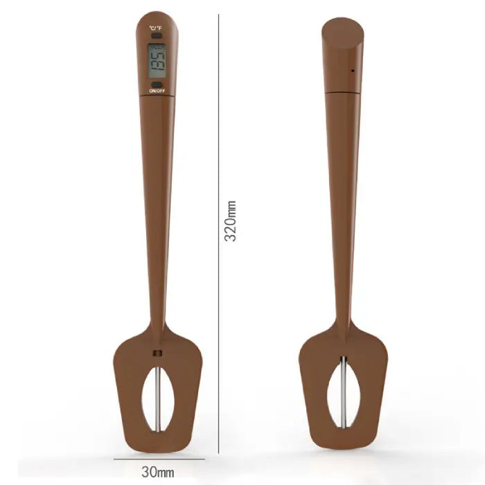 Silicone thermometer spatula shown from front and back views with measurements of 320mm height and 30mm width