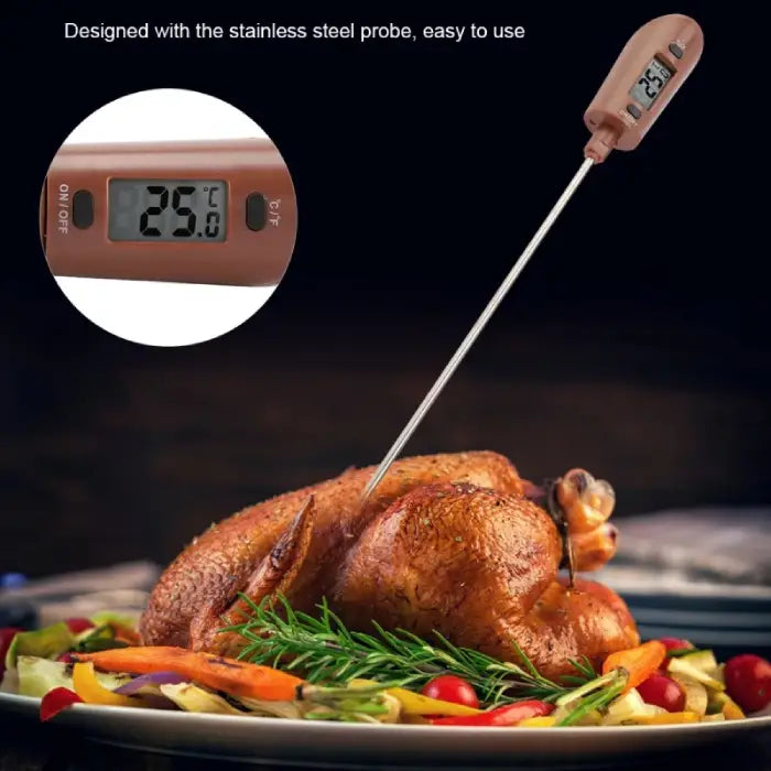 Silicone thermometer spatula checking internal temperature of roasted poultry with digital display showing accurate reading