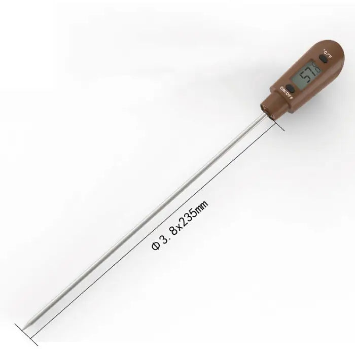 Silicone thermometer spatula featuring stainless steel probe with dimensions 3.8×235mm and digital temperature readout