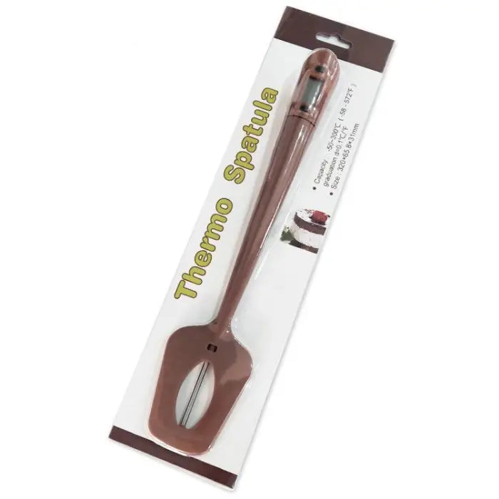  Silicone thermometer spatula in brown color packaged in retail blister pack showing product features and temperature range