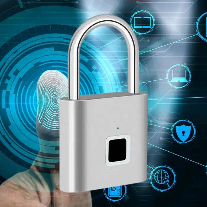 Silver biometric fingerprint padlock offering keyless entry, modern design, and advanced security technology.