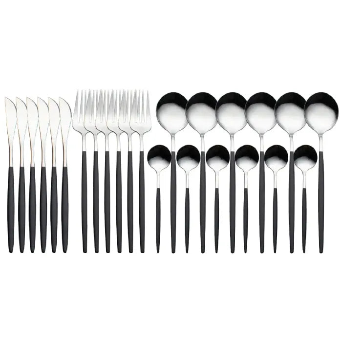 Premium cutlery set with silver heads and black handles in complete dining collection