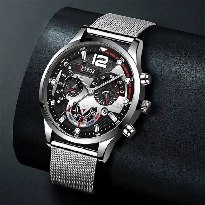 Modern silver watch with black face and detailed dials, ideal for everyday wear.