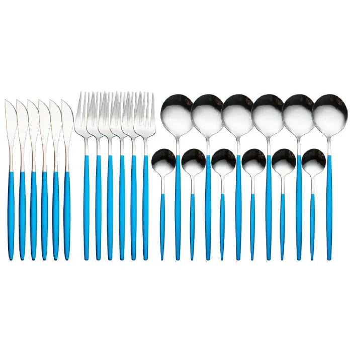 Contemporary flatware set in silver finish with blue handles featuring complete dining pieces