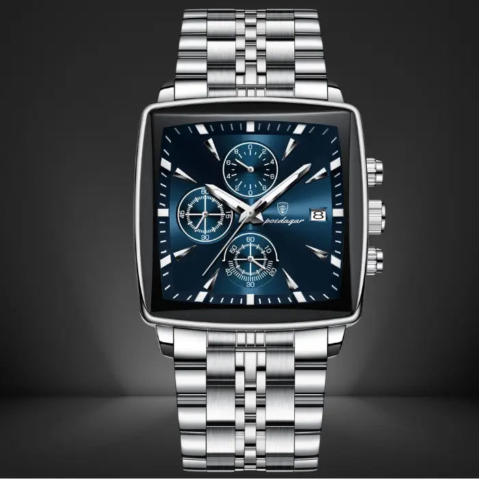 silver chronograph watch with a blue square dial, stainless steel band, and multifunctional sub-dials