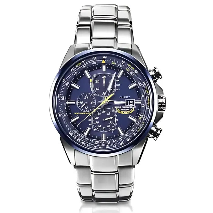 Elegant stainless steel chronograph watch with blue dial, silver link bracelet, and precision timing subdials