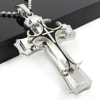 Shiny silver cross pendant necklace with intricate design, ideal for men's Christian jewelry collection.