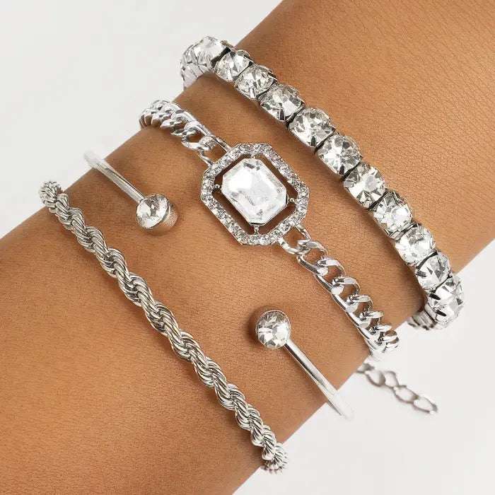 Silver crystal bracelets with a stacked design for women, combining elegance and modern sophistication.