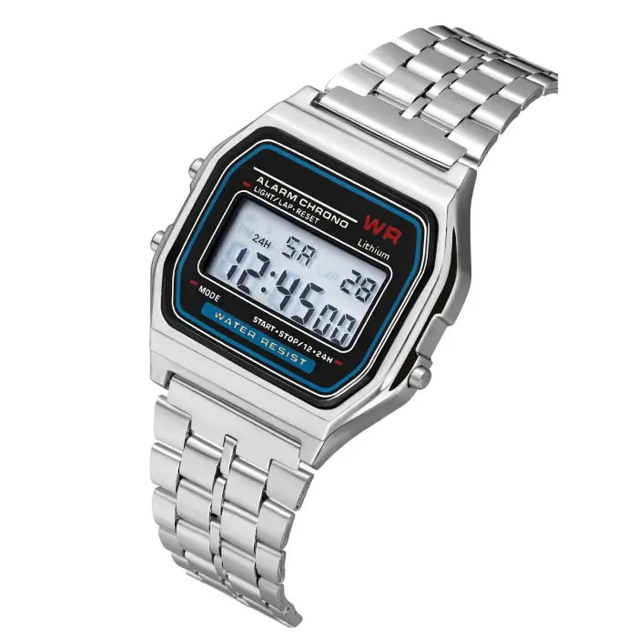 Silver digital wristwatch with alarm and water resistance, featuring a sleek and modern stainless steel band.