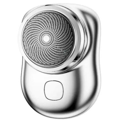 Minimalist silver electric shaver with circular patterned head, curved body, and square button on clean background