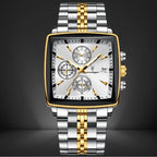 silver and gold chronograph watch with a square dial, luminous hands, and durable stainless steel design