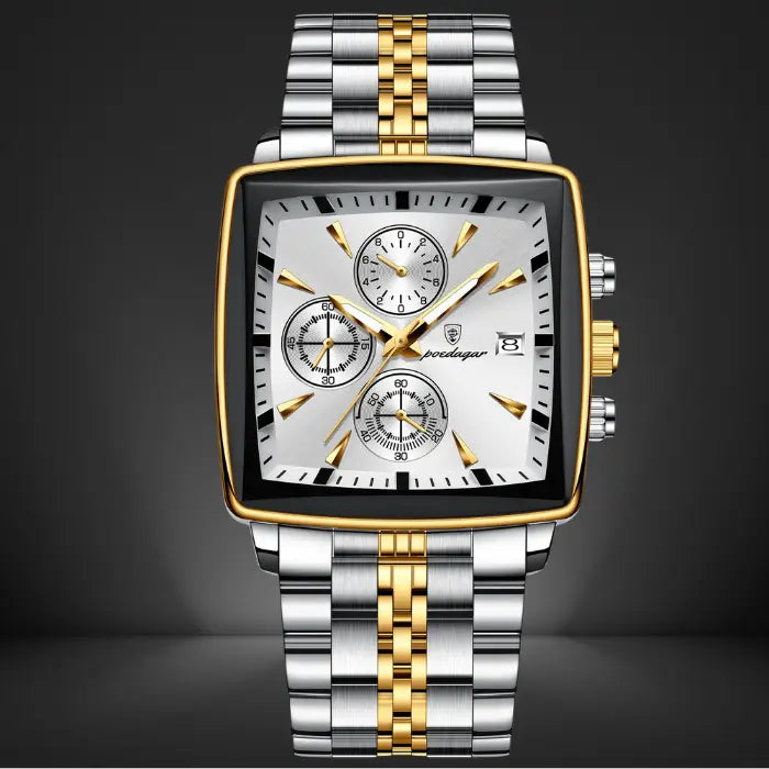 silver and gold chronograph watch with a square dial, luminous hands, and durable stainless steel design