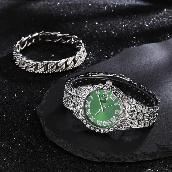 Elegant silver watch with green dial beside a sparkling crystal bracelet.