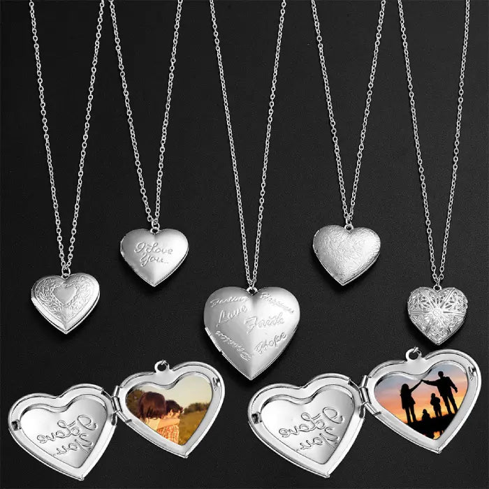 Collection of silver heart-shaped lockets with engravings and photos, ideal for personalized gifts.