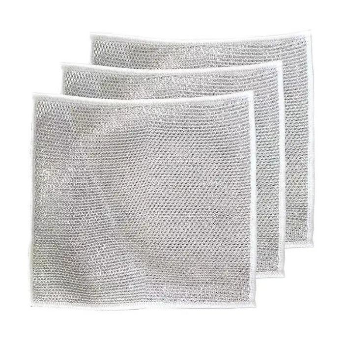 set of three silver mesh dish cloths, showcasing their durable and reusable design for effective kitchen cleaning.