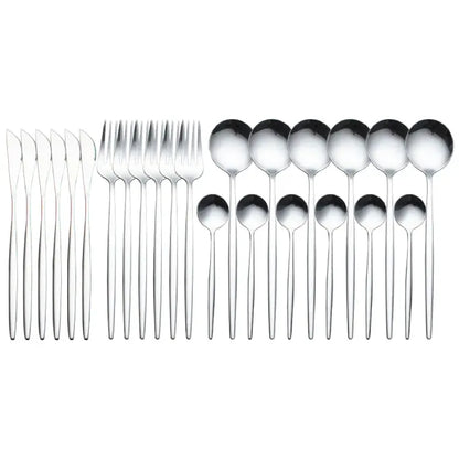 Modern silver dining utensils set with sleek design includes knives, forks and spoons