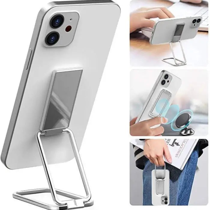 Silver magnetic phone stand with multifunctional design for desk, magnetic mount, and portability.