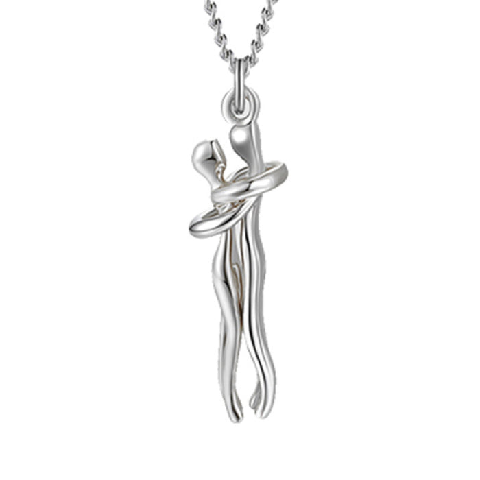 Sleek silver couple hug pendant necklace with abstract design, perfect for minimalist romantic jewelry lovers.