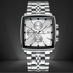 silver chronograph watch with a square dial, stainless steel band, and multifunctional sub-dials