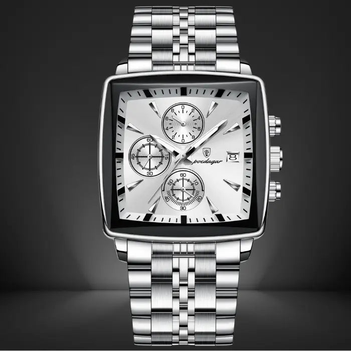 silver chronograph watch with a square dial, stainless steel band, and multifunctional sub-dials