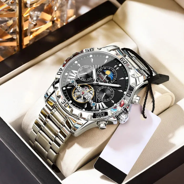 All-silver stainless steel automatic chronograph watch displayed in premium white presentation case setting