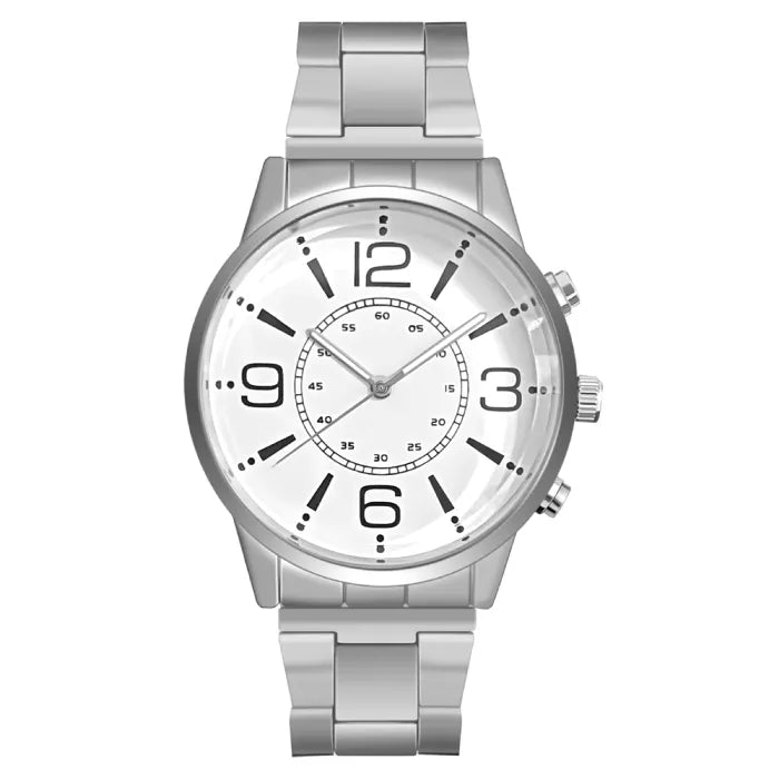 Classic silver chronograph watch with white dial featuring bold numerals and stainless steel construction