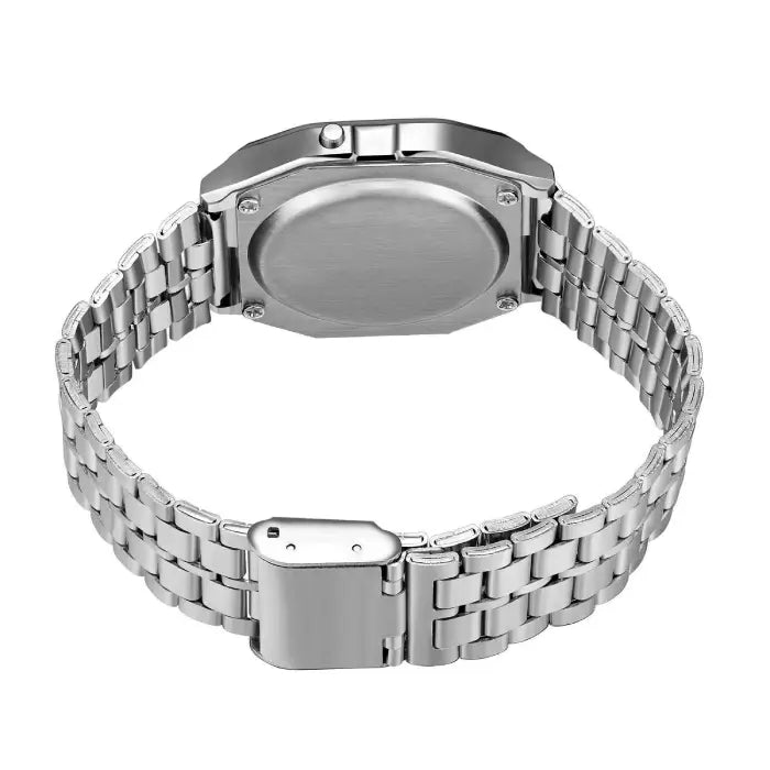 Back view of a silver digital wristwatch with stainless steel case and durable clasp for secure wear.