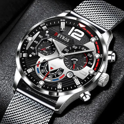 Contemporary silver wristwatch with black dial and red accents, great for daily use.