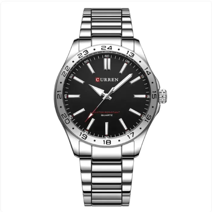 Silver watch with black dial and quartz movement, featuring a sleek stainless steel band for everyday style.