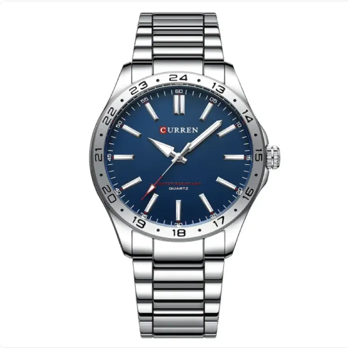 Silver watch with blue dial and quartz movement, featuring a stainless steel band, perfect for casual wear.