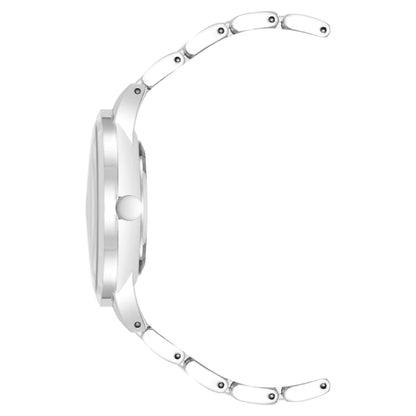 Elegant silver-tone stainless steel watch bracelet with curved profile view showcasing luxury women's watch design 