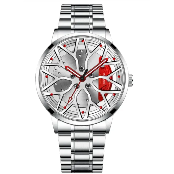 Silver wristwatch featuring wheel-inspired dial, red hands, metallic bracelet, and visible mechanism details