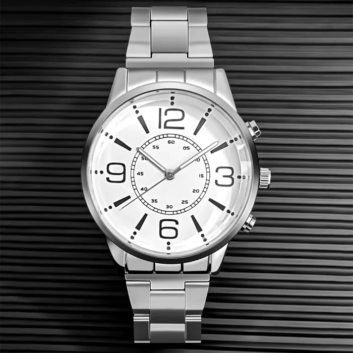 Silver watch with a white dial and bold numerals on a textured black background for a classic look