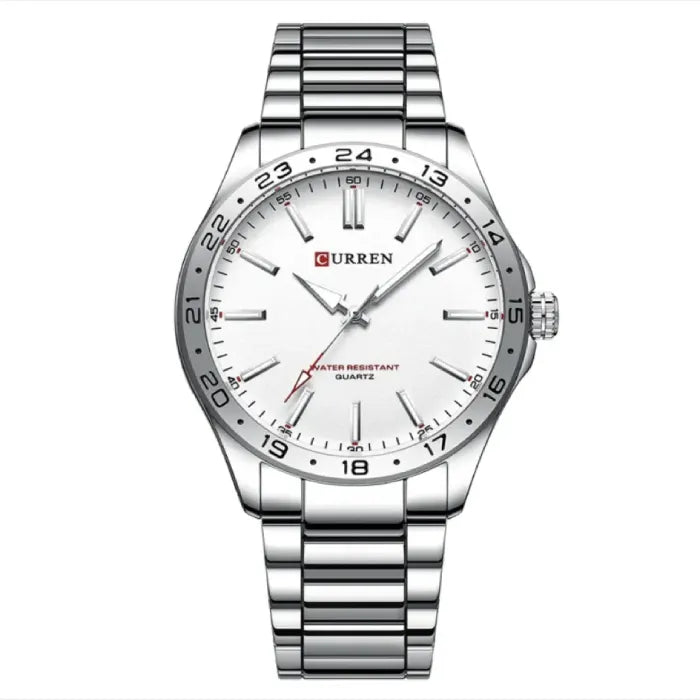 Silver watch with white dial and quartz movement, paired with a stainless steel band for a sophisticated look.